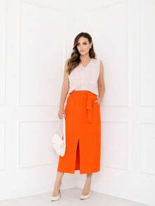 saia feminina de alfaiataria midi com bolsos e faixa social trabalho moda básica premium - Laranja - Visão 3
