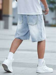 Light Blue Casual Slim Fit Straight Leg Denim Shorts, European And American Style For Teenagers - 淺藍色 - 查看 2