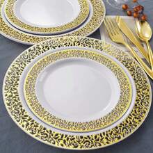 金色优雅甜点托盘，白色金边餐盘，优雅上菜盘，意面盘，开胃菜盘，蛋糕盘，易于清洁的可重复使用餐具，适用于派对、婚礼、午餐、家庭聚会、订婚派对、烧烤、晚餐、同学聚会、生日、节日、退休庆祝、野餐、自助餐、用餐、情人节晚餐等场合。 - 查看 4