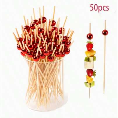 5/20/50/100/200pcs Bamboo Toothpicks & Skewers, Suitable For Appetizers, Cocktail Bars, Parties - Wooden Skewers With Red Pearls, Suitable For Catering, Weddings, Brunch, Cheese Plates - Decorative