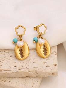 1对不锈钢五叶花耳钉，女士时尚18K PVD镀层设计，珍珠海星贝壳吊坠耳环首饰 - 耳環 - 查看 4