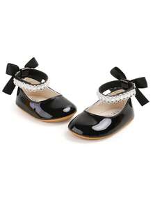 Newborn Infant Girls' Mary Jane Flats With Bow, Non-Slip Soft Bottom PU Leather Infant Prewalker Shoes With Pearl Ribbon - Black - View 7