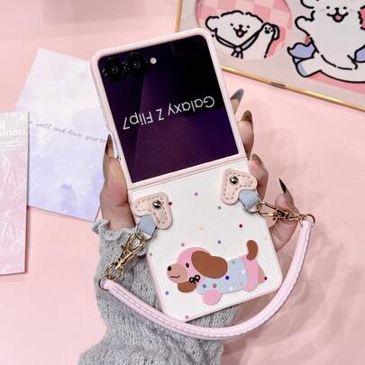 1pc Dachshund Dog Textured Case With Silicone Wrist Strap & Pompom Bell - Compatible With Samsung Galaxy Z Flip7, Z FE, Z Flip6, Z Flip5, , , , , P50 Pocket, RAZR 50/50 Ultra, RAZR 60/60 Ultra
