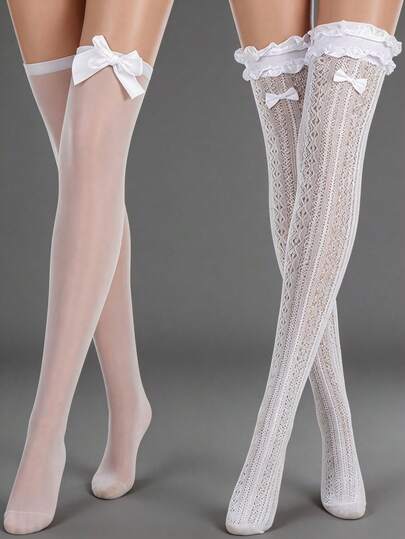 2 đôi tất ren trắng cho nữ, tất dài màu trắng cho nữ, tất cao đến đầu gối, thoải mái và co giãn, quà tặng cần thiết cho chuyến du lịch mùa hè.