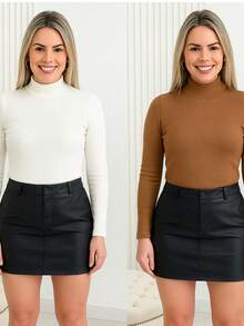 Kit 2 Cacharrel Women's Plush Flannel Blouse High Neck Long Sleeve Thermal Winter None - White and Brown - View 9
