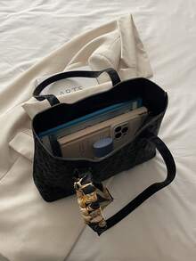 1 pieza Bolso de hombro de mujer de unicolor con estampado de leopardo, versátil y portátil de gran capacidad y lujo, adecuado para citas, compras, regalos, trabajo, viajes, incluye una bufanda delicada - Negro - Ver 11