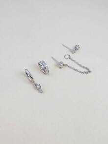 4件套精美锆石耳环套装，可叠戴，搭配珍珠，适合女性佩戴，耳骨穿孔时尚饰品，14K镀金低敏垂坠耳环，精致小巧长链穿孔饰品，适合女性和女孩佩戴。 - Silver-7# - 查看 6