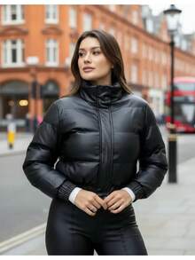 Women's Leather Puffer Jacket For Winter - Black - View 4