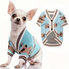 Cartoon Dog & Cat Print Cardigan Sweater, Autumn/Winter Cute Bear & Pet Dog/Cat Full Print Sweater Cardigan For Small/Medium Pets - Baby Blue - View 5