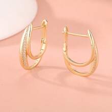 Pendientes de cobre con incrustaciones de circonita, pendientes redondos para mujer, pendientes ovalados alargados - Dorado - Ver 5