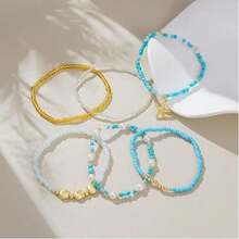 Shell Bracelet, Bohemian Beaded Elastic Bracelet, Summer Beach Shell & Star Pendant Bracelet Set, Gold-Plated Layering Bracelets For Women - Multicolor - View 3