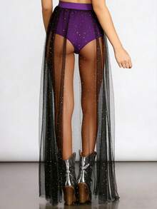 性感透视褶皱蕾丝亮片网纱紧身迷你裙，高腰春季款 - 紫色 - 查看 2