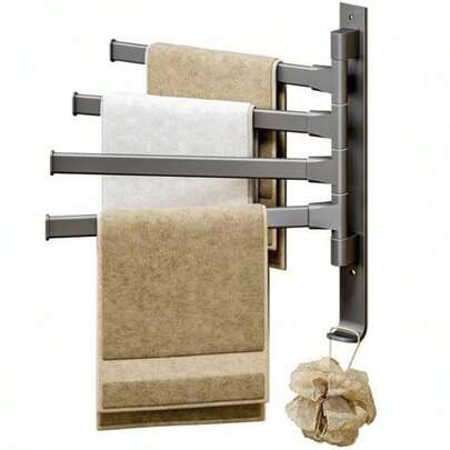 Suporte giratório para toalhas em alumínio preto fosco – Cabide dobrável de parede com 4 braços para banheiro e cozinha, com gancho extra, suporte giratório que economiza espaço para armários, lavanderia, hotéis e interiores de loft modernos (31,5 cm)