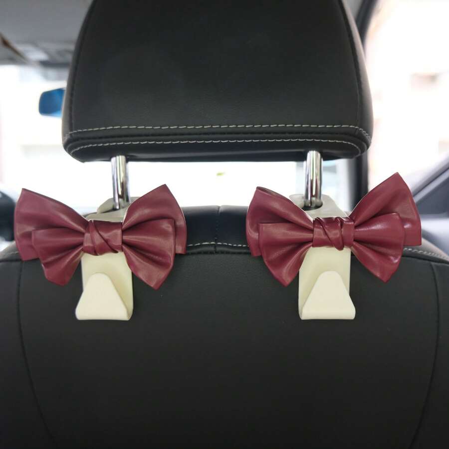 AD High-End Leather Bowknot Multi-Function Car Seat Back Hook, Hanging Organizer - White and Red - View 1