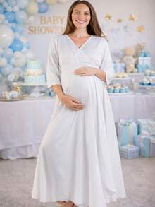 Vestido maternidad largo elegante para dama mujer ropa embarazo ropa para embarazada juvenil moderna suave evento baby shower de noche embarazada cruzado manga media cuello v cruzado corte amplio fresco ligero diario cena cita sesion de fotos calle femenino bohemio elegante outfit primavera verano otoño invierno posparto - Blanco - Ver 3