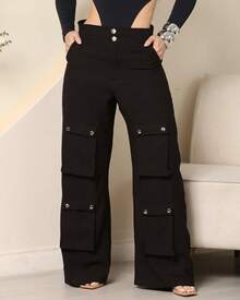 Women's Wide Leg Cargo Pants, High Waist, Tailored, Marrant Style, Palazzo Pants With 4 Utility Pockets, Premium Streetwear - 黑色 - 查看 7