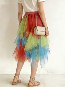 Ombre Asymmetrical Mesh Tulle Skirt, New Spring/Summer Midi Flowy Skirt, Fairy Style Skirt Vacation - Rainbow Colors - View 4