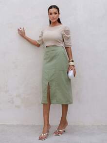 Linen Midi Skirt With Stylish Slit And Flexible Waistband - 鼠尾草綠 - 查看 3