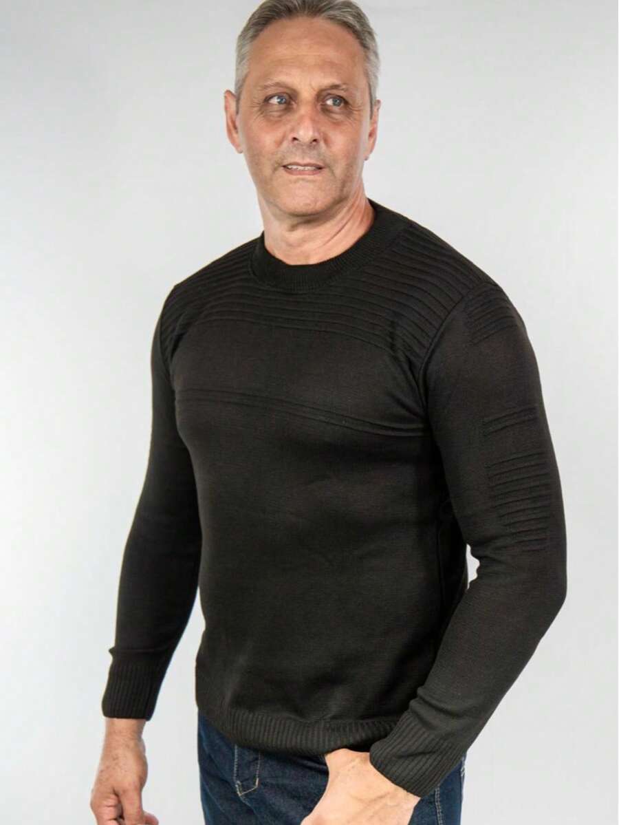 Men's Blouse, Textured Knit Sweater, Round Neck, Long Sleeve, Old Money, Men's Clothing, Winter, Work, Party - 黑色 - 查看 1