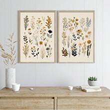 1/2件套带框/不带框波西米亚风植物花卉叶子帆布海报花市乡村风墙面艺术印刷品农舍装饰野花画，适用于厨房、客厅、卧室、现代家居装饰 - A - 查看 1