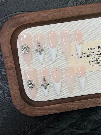 10pcs Y2K Nails Stiletto Press On Nails Set - Handcrafted, Pink Nails, White Nails, White French Tip Nails, Hand Drawn 3D Water Droplet Pattern Design, Sparkling Silvery Cross & Silvery Rhinestone And White Pearl Accents, Delicate Graceful Nails - Perfect For Parties & Casual Attire, Perfect Holiday Gift For Women And Girls