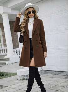 Women's Elegant Long Overcoat With Long Sleeves, Solid Color, Black Khaki, Winter Clothing - 鏽棕色 - 查看 1
