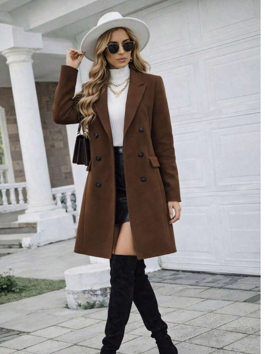 Women's Elegant Long Overcoat With Long Sleeves, Solid Color, Black Khaki, Winter Clothing - 鏽棕色 - 查看 1