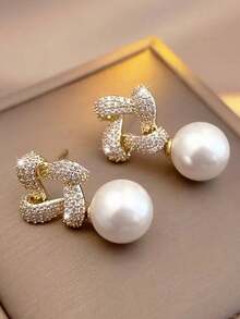 1 Par de Brincos Elegantes com Zircônia Cúbica e Pérola Sintética para Mulheres - Ideal para Casamento, Noivado, Aniversário, Festas e como Presente de Dia dos Namorados - 1# - Ver 3