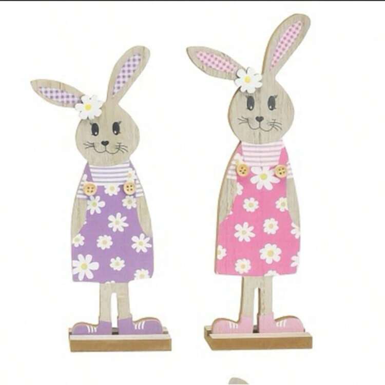 新款2D打印木制工艺复活节兔子装饰摆件，彩色彩绘桌面节日装饰品，木制家居园艺礼品 - C - 查看 6