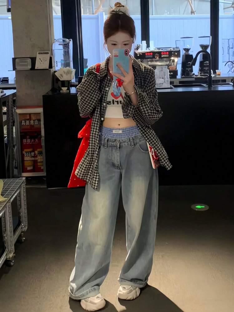 春夏 韓国レトロ レッドチェック ルーズカジュアル カラーシャツ レディース ブラック - ブラック - 見る 5