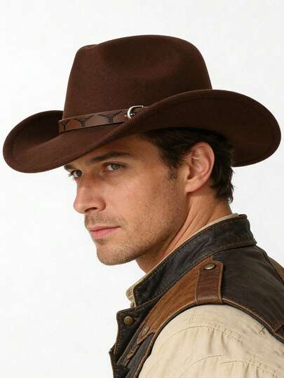 1 pieza. Sombrero de vaquero occidental de poliéster para hombres, adecuado tanto para hombres como para mujeres con un estilo retro, con una decoración con estampado de toro. Es adecuado para el uso casual diario, las fiestas de vaqueros occidentales y los atuendos de vaquero de bar (los tamaños son adecuados para todas las formas de cabeza)