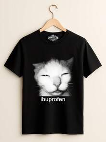 Printed T-Shirt With Cat Ibrupofen Medication Meme Funny Cute Psychologist Psychiatrist 100% Cotton Unisex Plus Size Blouse T-Shirt Christmas New Year - màu đen - Xem 2
