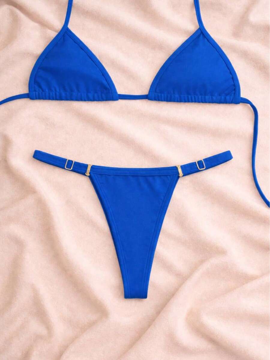 Women's String Bikini With Adjustable Straps – Exclusive Summer Tie-Up Style For Beach And Vacation - Blue - View 1