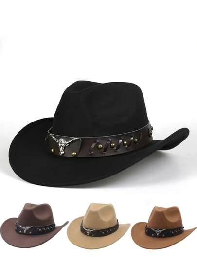 1pc Western Country Rodeo Hats For Men Women Cowgirl Hat ,Hats For Womenda,Composed Of Hand-Woven Black Leather Cowhide And Silver Cow Head, Suitable For Cowboy Competitions, Carnivals, And Bachelor Parties