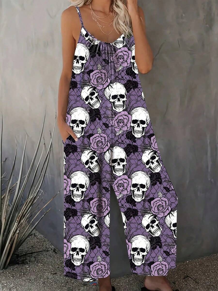 Skull Print Suspender Jumpsuit, Casual Pleated Sleeveless Pocket Jumpsuit, Women's Clothing - Phong cách - Xem 1