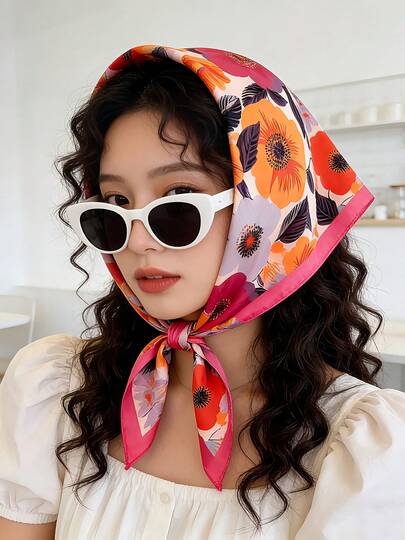 1 Piece 70cm Spring New Silk Satin Big Flower Print Scarf, Versatile Daily Fashion Hair Accessory, Four Seasons Applicable Square Scarf, Suitable For Hair Accessory Beach Accessory, Gift For Friends, Valentine's Day, Women's Scarf