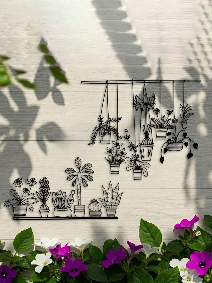 2件套金属墙饰雕塑，花园设计，现代激光切割金属艺术，铁艺墙饰，适合室内外使用，家居花园阳台装饰，时尚悬挂饰品 - 黑色 - 查看 1