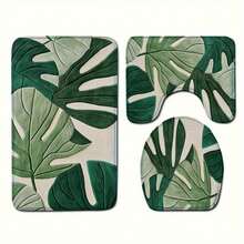 A Set Of Bathroom Short Plush Mats Featuring A Tropical Green Leaf Pattern, Including A Toilet Seat Cover, A U-Shaped Toilet Mat, Made Of Soft Flannel Material, Designed To Be Non-Slip - Nhiều màu - Xem 1