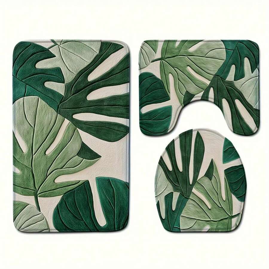 A Set Of Bathroom Short Plush Mats Featuring A Tropical Green Leaf Pattern, Including A Toilet Seat Cover, A U-Shaped Toilet Mat, Made Of Soft Flannel Material, Designed To Be Non-Slip - Nhiều màu - Xem 1