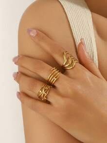 3件套18K镀金不锈钢经典光滑镂空几何图案扭纹戒指套装，花卉、叶子、几何设计，适合女性日常、节日、派对、生日、母亲节礼物 - 金色 - 查看 11