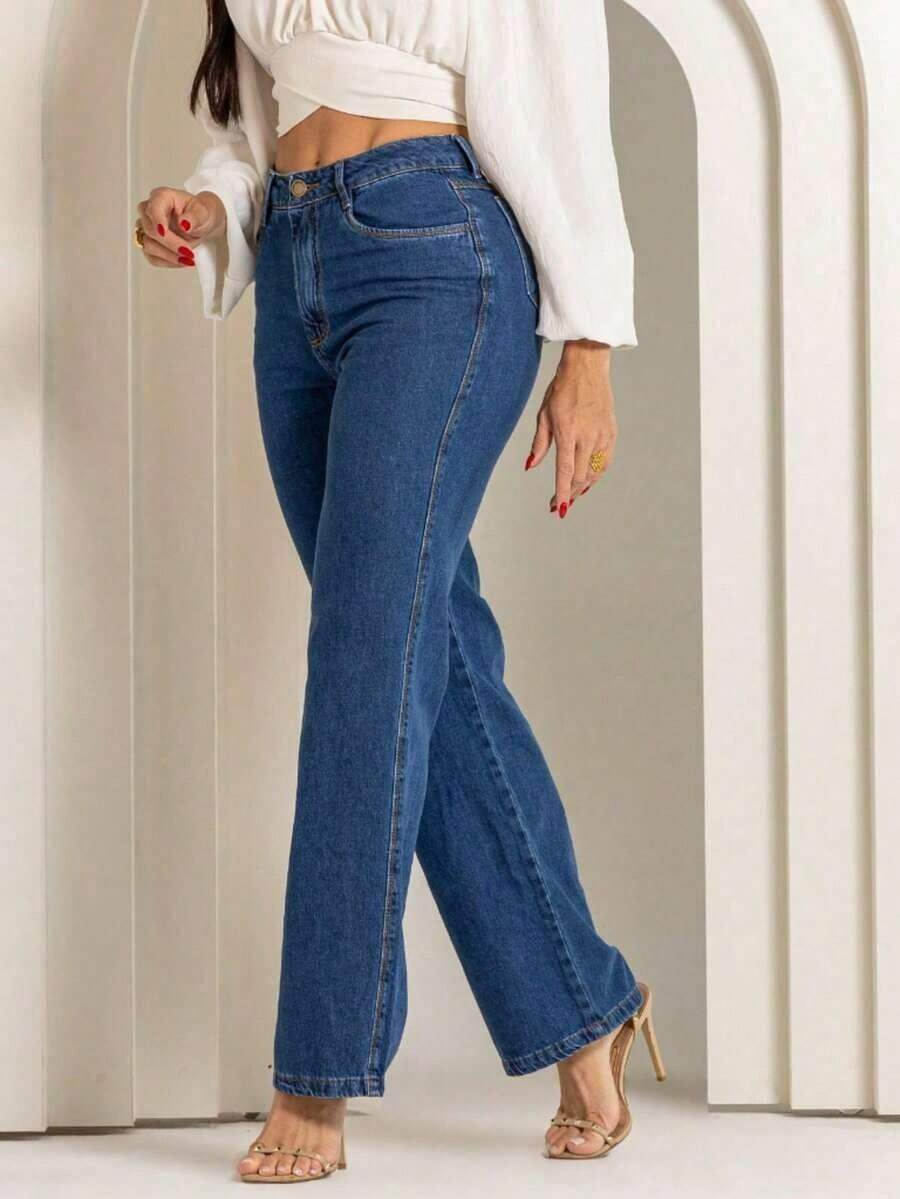 Women's Wide-Leg Jeans, Medium Blue, 100% Cotton. - 中藍色 - 查看 1