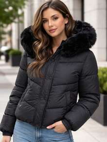 Women's Lined Puffer Jacket With Removable Hood And Button Pockets - màu đen - Xem 2