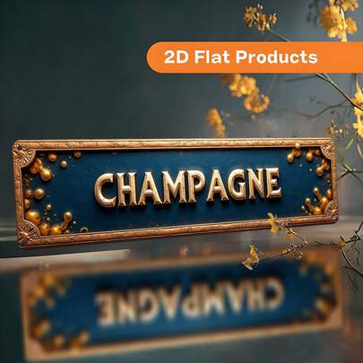 1pc 2D Flat, Vintage "Champagne" Metal Wall Hanging - Elegant Blue And Gold Decor With Floral Accents, Easy To Install, Perfect For Home, Cafe, Office Or Garage, Metal Wall Art Decor