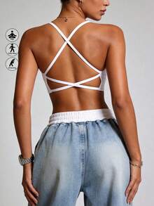 Runway Rest 一体式女士无缝针织罗纹性感文胸，无钢圈交叉肩带露背运动文胸 - 白色 - 查看 3