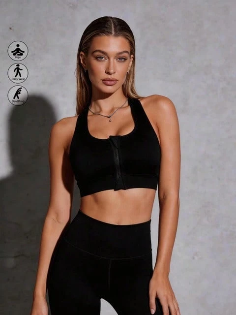 Runway Rest 1 pieza Sujetador deportivo negro con cremallera, acolchado y elástico sin costuras para mujer - Negro - Ver 1