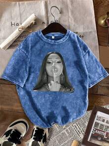 Graphic Tee  - Casual Loose-Fitting Washed Cotton 230G Pure Cotton T-Shirt For Women's Summer Wear   - Street Retro Distressed Style, Unisex Design - 藍色 - 查看 1