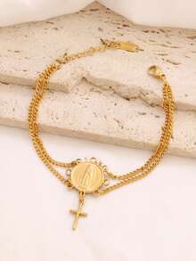 1pc Stainless Steel Virgin Mary Pendant Bracelet Fashion Gold Cross Charms Double Layer Chain Bracelets For Women Jewelry - Bracelet - View 4