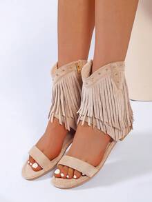 Khaki modische Nieten-Fransen-Sandalen, schwarze Wildleder-Optik Quasten-Sandalen mit Reißverschluss hinten, offene Zehen Römersandalen für Damen Lässig bekleidung - Khaki - Übersicht 4