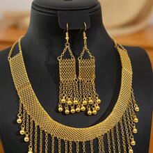 Middle Eastern Popular Bridal Necklace And Earring Set, Double-Layer Pendant, Hollow Pattern Engraved Gold-Plated Metal Jewelry Combination, Traditional Algerian Jewelry - TL001 - View 3