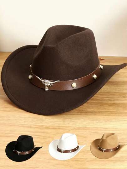 1 Stück Cowboyhut für Herren und Damen, mit abnehmbarem silbernem Stierkopf-Dekorationsband, aus Filzmaterial, geeignet für den täglichen Gebrauch, Outdoor-Lässig, Partys, Musikfestivals, Cowboy-Wettbewerbe, Bar-Cowboys, Radfahren usw.